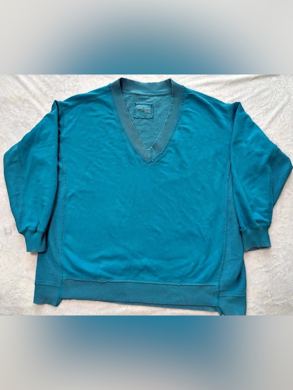 Aerie Oversized V Neck Distressed Sweatshirt Teal Aqua Blue Size M Cozy Slouch